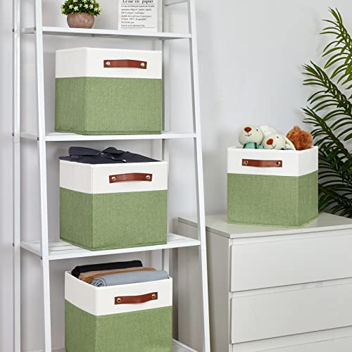 Temary Fabric Storage Bin 11x11 Cube Storage Bins for Home, 4 Pack Fabric Organizer Bins Cube Organizer Bins with Leather Handles Decorative Storage Bins for Shelf (White&Green) - color: White&Green, size: 11×11×11
