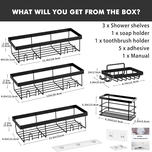 Moforoco Adhesive Shower Caddy Organizer Shelves Rack - 5 Pack Corner Bathroom Storage Organization, Home & Kitchen Decor Inside RV Accessories, Hanging First Apartment Household Camper Essentials - color: Black