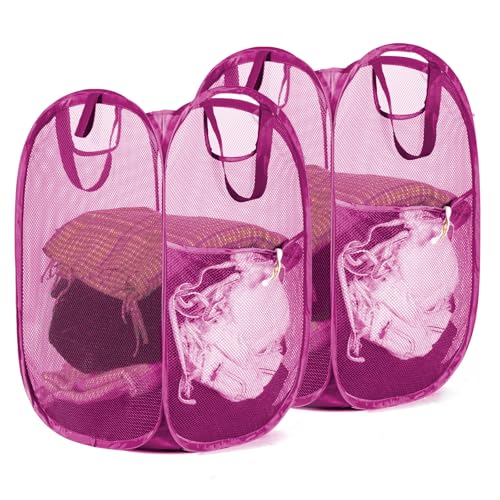 HOUSE AGAIN 2 Pcs Pop Up Laundry Hamper, Strong Mesh Laundry Baskets Collapsible, Hamper with Handles and Side Pocket, Portable Foldable Dirty Clothes for Dorm, Laundry room and Travel Storage, Pink - color: Pink, size: 2-Pack