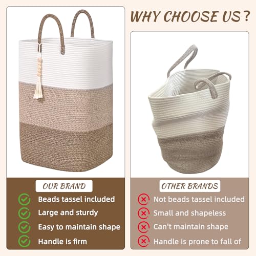 Woven Laundry Basket for Clothes,65 L Large Rectangle Laundry Hampers with Beads Tassel, Nursery Storage Basket for Toys, Tall Dirty Clothes Hamper for Bedroom Aesthetic, Laundry Room Organization - color: Gradient Brown, size: 65L