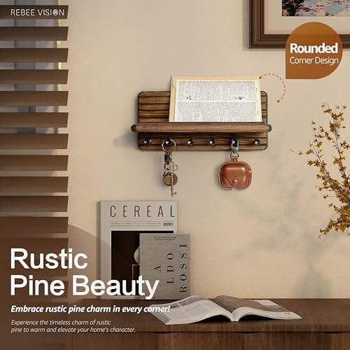Rebee Vision Farmhouse Key Holder Wall Mount for Home Decor – Decorative Pine Wooden Key Holder for Wall with 6 Hooks & Floating Shelf - Rustic Charm for Room Decor Aesthetic (Brown) - color: Brown, size: Medium-11inch