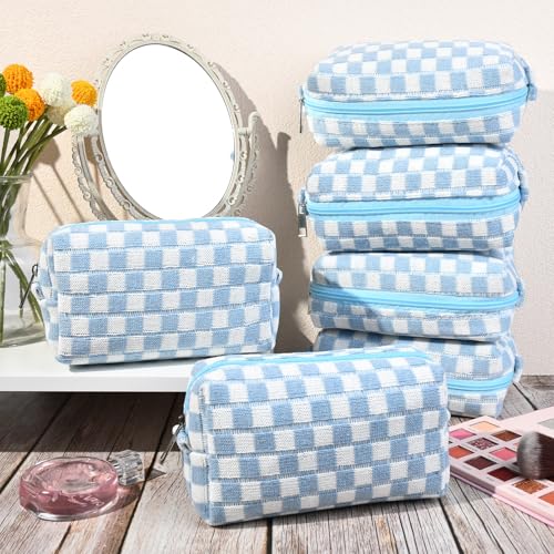 SOIDRAM 12PCS Checkered Makeup Bag Preppy Cosmetic Bag Bulk Blue Makeup Pouch Personalize Travel Toiletry Bag Organizer Cute DIY Makeup Brushes Storage Bag for Women - color: Light Blue, size: 12 Pack