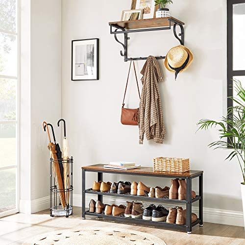 VASAGLE 3-Tier Shoe Rack, Shelf Storage Bench with Metal Mesh Shelves and Seat, Free Standing Shoe Organizer for Entryway, 11.8 x 39.4 x 17.7 Inches, Rustic Brown and Black ULBS078B01 - color: Rustic Brown + Black, size: 39.4"W x 17.7"H, style: Bench