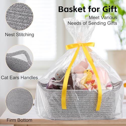 OIAHOMY Woven Basket, Gift Basket Empty with Gift Bags and Ribbons, Rope Baskets for Baby Showers, Storage Baskets with Handles for Nursery, Pet Toy Organizer - Grey - color: Grey, size: Medium: 13.5L*10W*6H