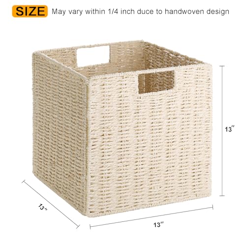 Vagusicc Wicker Storage Basket, Set of 2 Hand-Woven Paper Rope Wicker Baskets, Foldable Cube Storage Bins, Beige Storage Basket, Square Baskets for Organizing Shelves & Decor, Beige(13″×13″×13″) - color: Beige, size: 13'' x 13'' x 13''