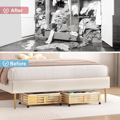 Under Bed Storage Containers With Wheels - 2 Pcs Bamboo Wood Rolling Underbed Shoe Storage Bins With Dust Bags for Clothes Blankets, Duvet Covers Snacks Toys (Natural) - color: Nature, size: M