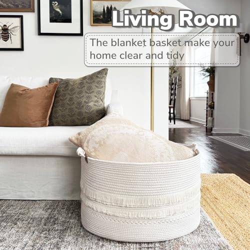 CherryNow 22"x22"x14" Large Blanket Basket, Home Décor for Living Room Bedroom, Boho Decorative Laundry Basket for Clothes, Baby Toy Storage, White - color: Off-white, size: 83L (22"W x 14"H)