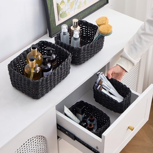 4PCS Woven Storage Baskets Set, Small Baskets for Organizing, Square Handwoven Paper Rope Organizer Bins for Shelves and Home Storage (Black) - color: Black
