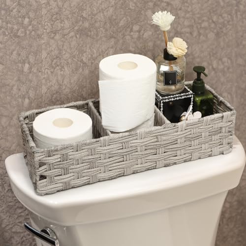 [Larger Compartments] Toilet Tank Topper Paper Basket - Multiuse Hand Woven Plastic Wicker Basket with Divider for Organizing, Rustic Farmhouse Bathroom Decor, Countertop Organizer Storage, Gray Wash - color: Gray Wash