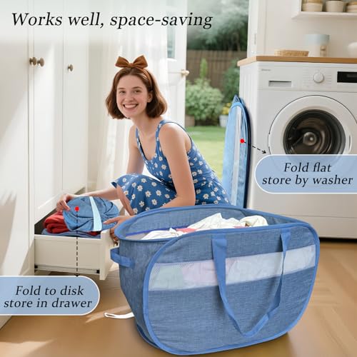 100L Mesh Pop Up Laundry Hampers with Handles, Extra Large Collapsible Laundry Baskets 2 Pack, Portable Travel Laundry Basket, Dirty Clothes Hamper Light Breathable, Bule. 2H - color: Blue, size: 2-Pack Horizontal