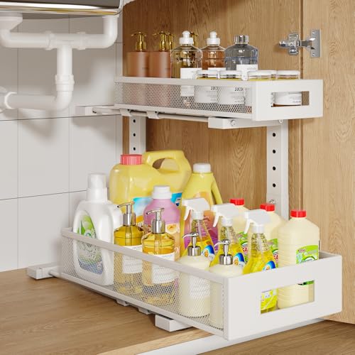 1 Pack 17IN Depth Under Sink Storage Organizer, Large 2-Tier Elegant Mesh Pull Out Shelf for Kitchen and Bathroom Cabinet Organization, L-Shaped and Adjustable Height Design-White - color: White, size: 1 Pack-17"Dx11.4"-16.14"H