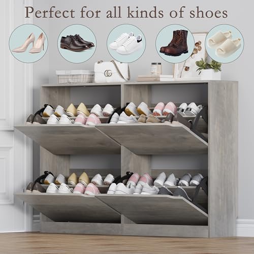 BORNOON Shoe Cabinet with 4 Flip Drawers, Narrow Hidden Shoe Storage Cabinet, Slim Freestanding Shoe Rack Organizer for Entryway, Hallway, Bedroom, Living Room - color: Grey, size: 4 Drawers