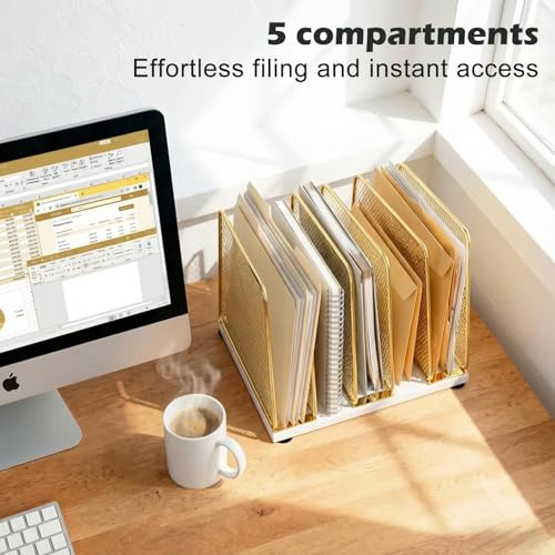 AUPSEN 5-Section Gold File Organizer for Desk, Wood Mesh Desktop File Organizer, File Sorter Storage Rack, Vertical Folder Holder for Files, Magazines, Books (Gold) - color: Gold