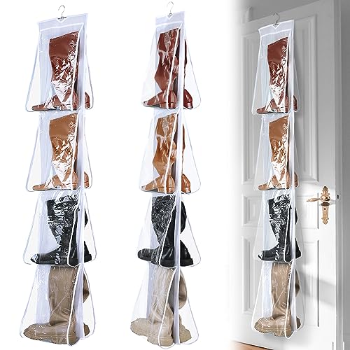 Windyun Sets 16 Large Clear Pockets Fabric Dual Sided Hanging Shoe Rack for Closets Hanging Shoe Organizer with Rotating Hanger Boot Organizer for Storage Men's and Woman's Boots(White) - color: White