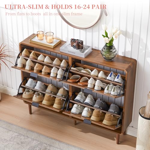 Shoe Cabinet Storage for Entryway, Fluted Shoe Cabinet with 4 Flip Drawers, Mid-Century Modern Hidden Shoe Rack, Freestanding Shoe Storage Organizer for Hallway, Living Room, Foyer, Walnut - color: Walnut-4 Flip Drawers