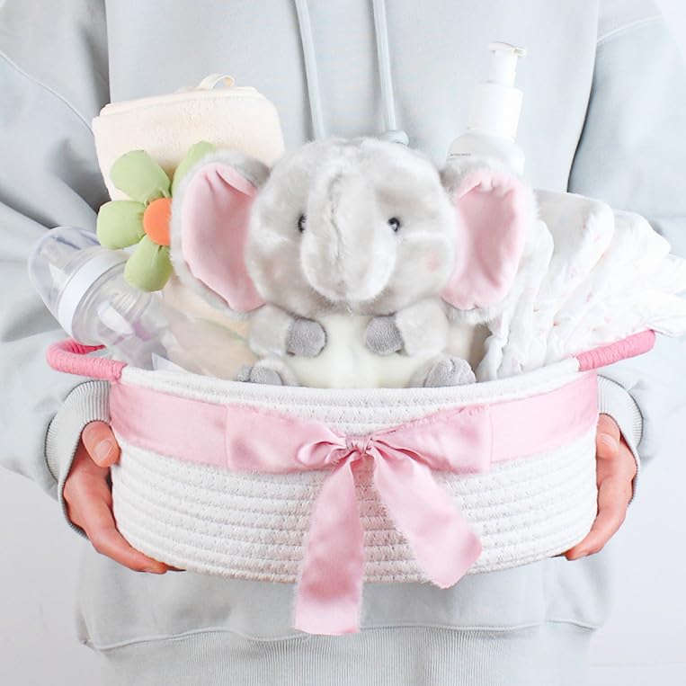 Yimi's Dream Baskets for Gifts Empty, Small Storage Baskets for Shelf, Decorative White Woven Baskets with Pink Handle for Mom, Nursery, Baby Shower, Christmas(Oval, 12"x 8"x 5") - color: white with pink handle, size: Oval - 12"x8"x5"