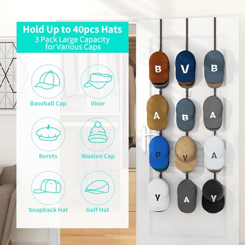 HapiRm Over Door Hat Rack - 3 Packs Hat Organizer with 12 Hooks Design, Hanging Baseball Cap Organizer Storage Holds Up to 60 Caps for Door, Bedroom, Closet (Brown) - color: Brown, size: 3 Pack
