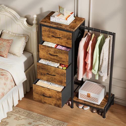 HIGDBFE Dresser with Hanging Rack, 4 Drawers Small Closet for Bedroom, Reversible Fabric Kids Chest of Drawers with Clothes Rack, Tall Storage Tower, Sturdy Frame, Rustic Brown, 44''H - color: Rustic Brown