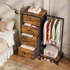 HIGDBFE Dresser with Hanging Rack, 4 Drawers Small Closet for Bedroom, Reversible Fabric Kids Chest of Drawers with Clothes Rack, Tall Storage Tower, Sturdy Frame, Rustic Brown, 44''H - color: Rustic Brown