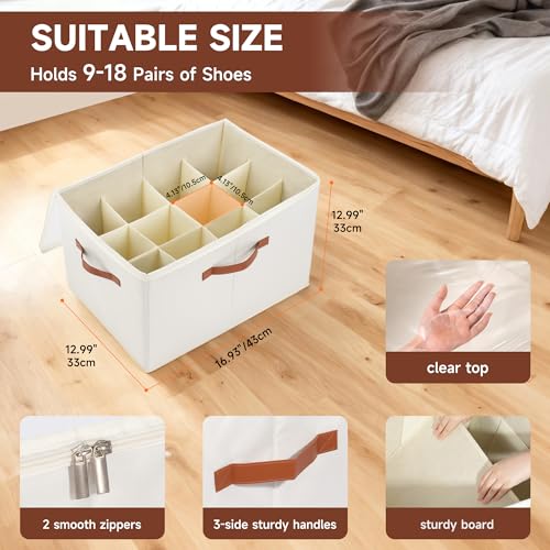 2-Pack Shoe Organizer for Closet, Foldable Shoe Storage Container with Adjustable Dividers & Clear Lid, Holds Up to 12 Pairs, Space-Saving Shoe Boxes, White - size: Medium
