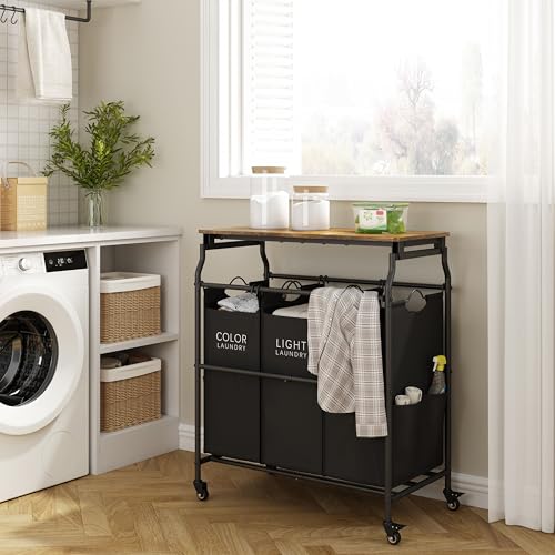 Hoctieon 3 Section Laundry Sorter Cart with Ironing Board, Laundry Hamper with Shelf and Rolling Wheels, Heavy Duty Laundry Basket Organizer, Large Clothes Separator Hamper with Removable Bags, Black - color: Black