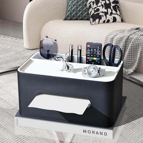 PU Leather Tissue Box Cover Rectangular with Storage Organizer Tray, Multifunctional Remote Control Holder, Desk Organizer for Living Room, Bedroom, Office, Decorative Tissue Holder Black - color: Black