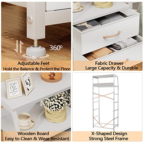 Furnulem White Dresser with 5 Drawers, Vertical Storage Tower Fabric Dresser for Bedroom, Hallway, Entryway, Nursery, Closet Organizer, Nightstand Bedside Table Furniture, Sturdy Steel Frame, Wood Top - color: White, style: 5 Drawers