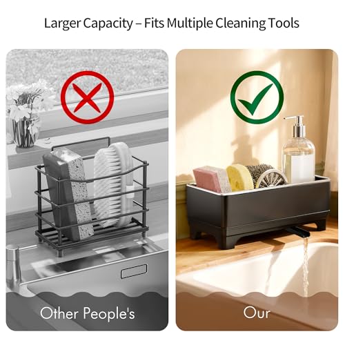 MOUKABAL Sponge Holder for Kitchen Sink – Rustproof Stainless Steel, 360° Rotating Drain Pipe, Large Counter Organizer with Drip Tray for Sponges, Brushes & Dish Cloths Black - color: Black 1