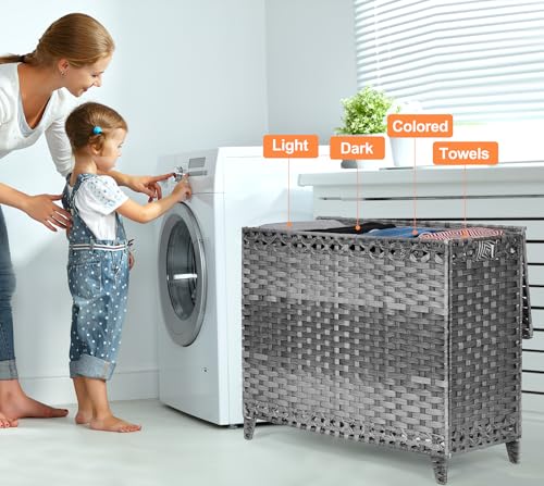 Laundry Hamper with 4 Removable Liner Bags; 176L Handwoven Rattan Laundry Basket with Lid & Heightened Feet; Clothes Hamper with Side Handles - color: Gray, size: 176L-4 Section