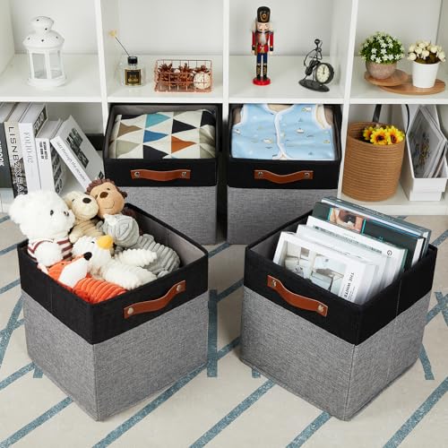 HNZIGE Cube Storage Baskets,Fabric Storage Cubes 12 x 12, Set of 4,Decorative Storage Baskets for Organizing with Handles,Closet Bins for Shelf Organizer Home Toy Nursery Closet(Black Gray) - color: Black Gray, size: 12"x12"x12"-4pack