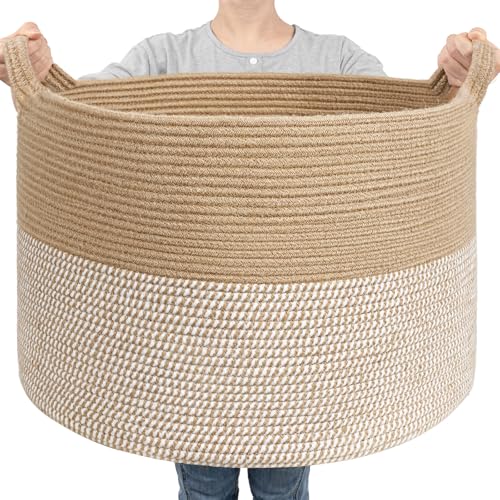 Goodpick Large Woven Storage Basket 21.7x13.8 Inch, White & Jute Laundry Hamper with Handles for Clothes, Blankets, Pillows, Blanket Basket for Living Room, Bedroom - color: White & Jute, size: 21.7x21.7x13.8 Inch (Pack of 1)