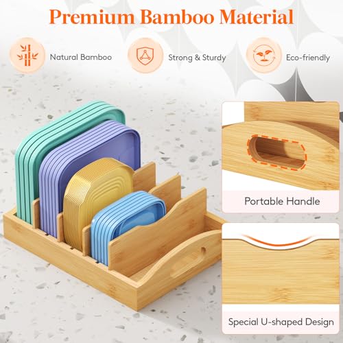 Lifewit Bamboo Lid Organizers for Inside Cabinet, Food Storage Container Lid Holder with 4 adjustable Inserts & 5 Sections, Kitchen Pantry organizer and storage, 10.6" X 8.3" - size: Medium(10.6" x 8.3")