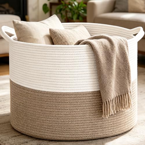 Large Woven Blanket Basket,65L Cotton Rope Laundry Basket Hamper with Handles, Decorative Nursery Basket Storage Bin for Toys, Clothes Organizer, Living Room, Bedroom, Bathroom, White & Brown - color: White&Brown, size: 19.7"L x 19.7"W x 13"H(65L)