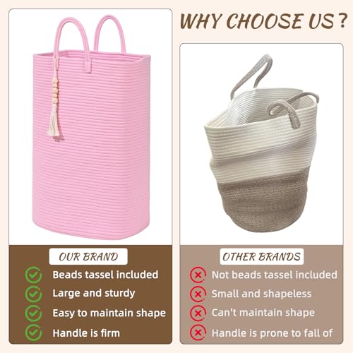 Woven Laundry Basket for Clothes, 65L Large Rectangle Laundry Hampers, Nursery Storage Basket for Toys, Tall Dirty Clothes Hamper for Bedroom Aesthetic, Bathroom, Laundry Room - color: Pink, size: 65L