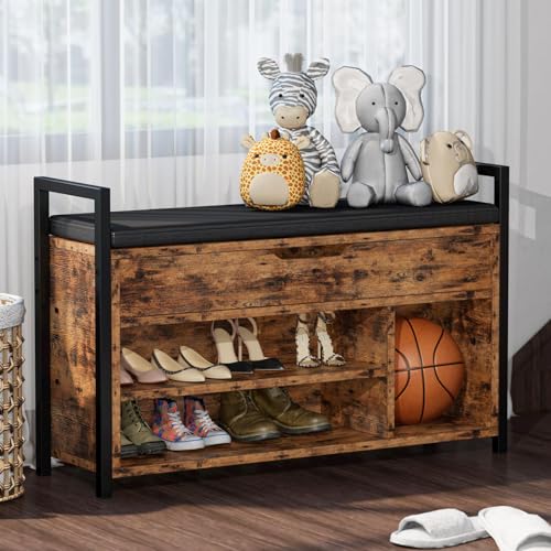 IRONCK Shoe Storage Bench, Entryway Bench with Lift Top Storage Box, Metal and Board Bench for Entryway, Two Tier Shoe Rack Organizer for Entryway, Hallway, Industrial, Vintage Brown - size: 35.4" W