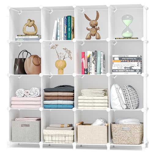 Neprock 16 Cubby Storage Organizer, Closet Clothes Storage Organizer, Cube Shelves Closet Organizers and Storage Shelves for Clothing Storage with Hammer, Bookshelf for Kids (White) - color: White