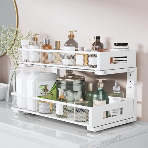 2 Packs 21IN Depth Under Sink Organizer, 2-Tier Pull Out Cabinet Organizer With Smooth Circular Rail, Large Capacity Metal Mesh Sliding Drawers For Bathroom& Kitchen Storage,Height Adjustable –White - color: White, size: 2 Pack-21"Dx11.6"-16.7" H