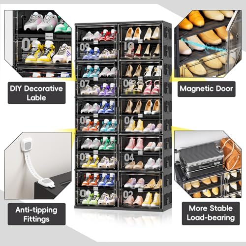JEKO&JEKO 9 Tiers Foldable Boot Storage Shoe Rack Cabinet for Closet Entryway, Large Collapsible Shoe Organizer with Magnetic Doors (Black) - color: Double-row, size: 9 Tiers