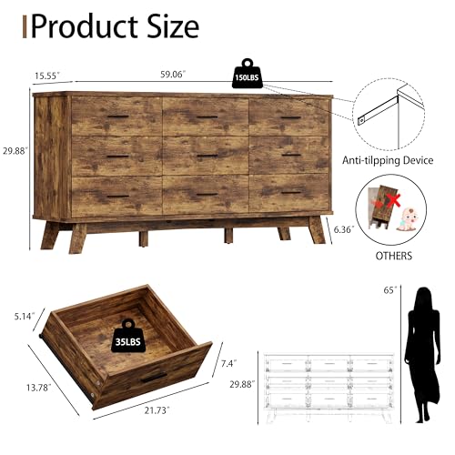 Xixini Dresser for Bedroom, 9 Drawer Wide Modern Chest of Drawers with X-Shaped Sturdy Base, Wood Double Dresser Closet Clothes Storage Organizer, Wooden TV Stand for Living Room, Hallway, Brown - color: Brown, size: 15.6"D x 59.1"W x 29.5"H (9 Drawers)