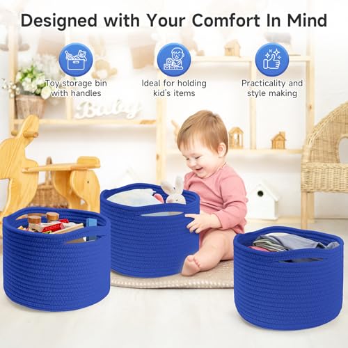 Small Rope Baskets for Storage, Baskets for Gifts Empty, Cute Round Woven Basket, Decorative Shelf Baskets 9.82×9.82×7.1", Cotton Toy Basket Storage Bins for Organizer 3 Packs - color: Deep Blue-3PCS