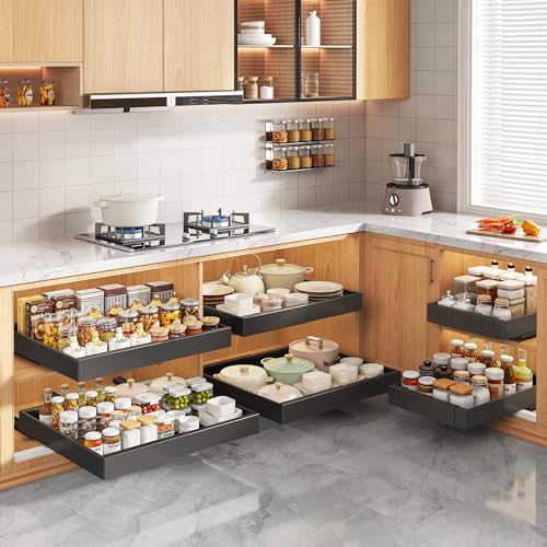 Seinloes 2 Pack Pull Out Cabinet Organizers 21"Deep with Raising Pad for Framed Cabinets,Expandable Slide Out Drawers Upgrade 3 Slide Rails,Roll Out Shelves Adhesive,Adjustable Width 12"-20.45" Black - color: Black, size: 12"-20.45"Wide x 21"Deep(2 Pack)
