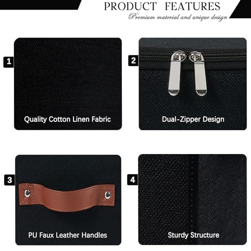 3 Pack Storage Bins with Zipper Lid Fabric Lidded Storage Boxes Baskets Cubes Washable Collapsible PU Leather Handle Cotton Linen Fabric Shelf Closet Organizer Container(Black, Small Size) - color: Black, size: Small ( Set of 3)