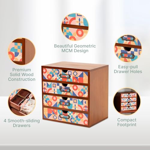 Add Color To Your Desk - MCM Geometric Wooden Desk Organizer - Desktop Storage with 4-Drawer - Wood Cabinet for Office Supplies, Craft Tools, & Home, Countertop, Tabletop Organization - color: MCM Bright Pastel