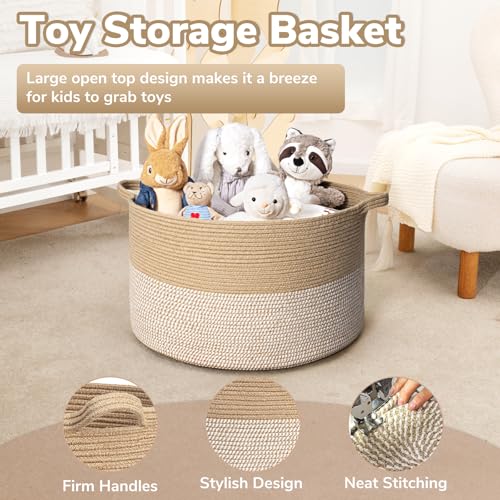 Goodpick Large Woven Storage Basket 21.7x13.8 Inch, White & Jute Laundry Hamper with Handles for Clothes, Blankets, Pillows, Blanket Basket for Living Room, Bedroom - color: White & Jute, size: 21.7x21.7x13.8 Inch (Pack of 1)