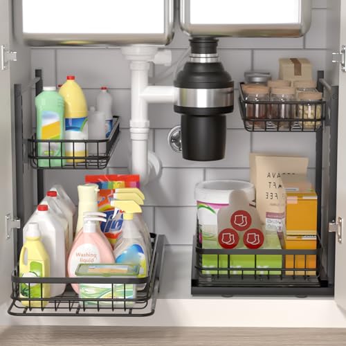 Under Sink Organizer, Adjustable Height Pull-Out Kitchen Storage Organization,15.8" x 11.8" x 16.5", 2-Tier Kitchen Shelf, Bathroom Drawer Organizer, 2 Pack|Black - color: Black, size: B 2 Pack