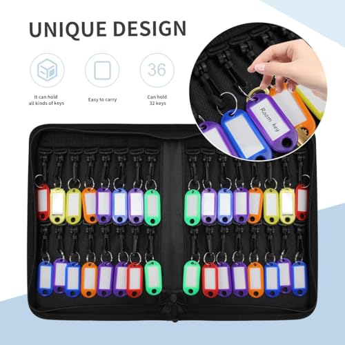 Fireproof and Waterproof Portable Zippered Key Case,36Key Hooks Key Organizer with Key Tags,Portable Manager Zipper Key Binder for Hotel Executives,Real Estate Sales,Car Service - size: 36 Keys