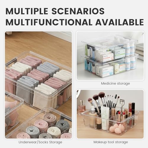 Socks Bra Underwear Drawer Organizer for Closet, 2 PCS Plastic Storage Box with 9 Removable Compartments and Lid, Clear Dresser Drawer Organizer Storage Container with Dividers for Sock Ties Belts - color: Clear-9 Grids