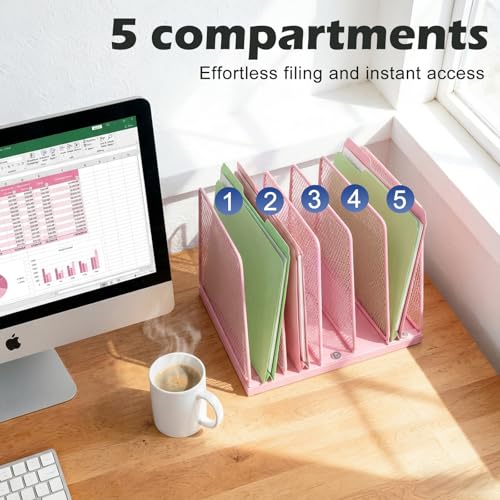 AUPSEN 5-Section File Organizer for Desk, Wood Mesh Desktop File Organizer, File Sorter Storage Rack, Vertical Folder Holder for Files, Magazines, Books (Pink) - color: Pink
