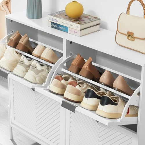 Shoe Cabinet Storage with 4 Flip Drawers, Narrow Hidden Shoes Organizer Cabinet for Entryway, Freestanding Slim Shoe Rack Front Door Entrance(White) - color: White, size: Large