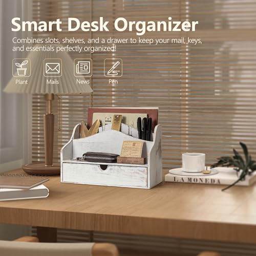Pine Wooden Mail Organizer for Desk - Retro Farmhouse Mail Holder Countertop with Drawer & Dividers - 4-Slot Letter Holder for File & Office Accessories - Office Organizer for Home Decor (Whitewash) - color: A-Whitewash